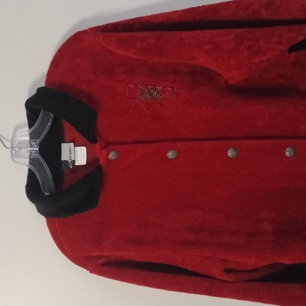 Vintage Artisans Women's Red Holiday Pinecone Sweater Jacket with Black Trim‎